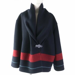  beautiful goods *HERMES Hermes cashmere 100% leather using ro cover ru poncho coat navy Red Bull -36 France made lady's 