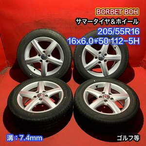 【送料無料】中古 VW ゴルフ BORBET BOH 205/55R16 16x6.0+50 112-5H ゴルフ等 タイヤ＆ホイール４本SET【47138755】