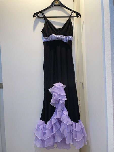 紫 フリル ロングドレス リボン フラメンコ 社交ダンス ホステス