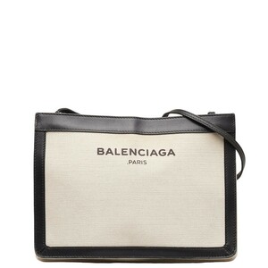 バレンシアガ ネイビーポシェット ショルダーバッグ 339937 ホワイト ブラック キャンバス レザー レディース BALENCIAGA 【中古】