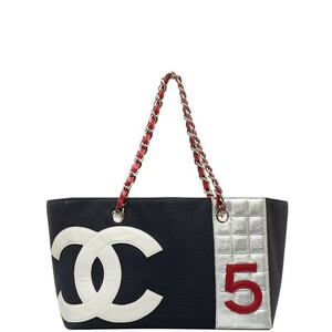 シャネル ナンバー5 No.5 ココマーク チェーン トートバッグ ネイビー レッド シルバー キャンバス レザー レディース CHANEL 【中古】