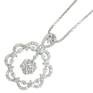 K18WG ホワイトゴールド ダイヤ1.30ct 花 フラワー モチーフ スパイクチェーン ネックレス レディース 中古