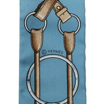 エルメス ツイリー ボウタイ サスペンダー 総柄 スカーフ ライトブルー マルチカラー シルク レディース HERMES 【中古】_画像3