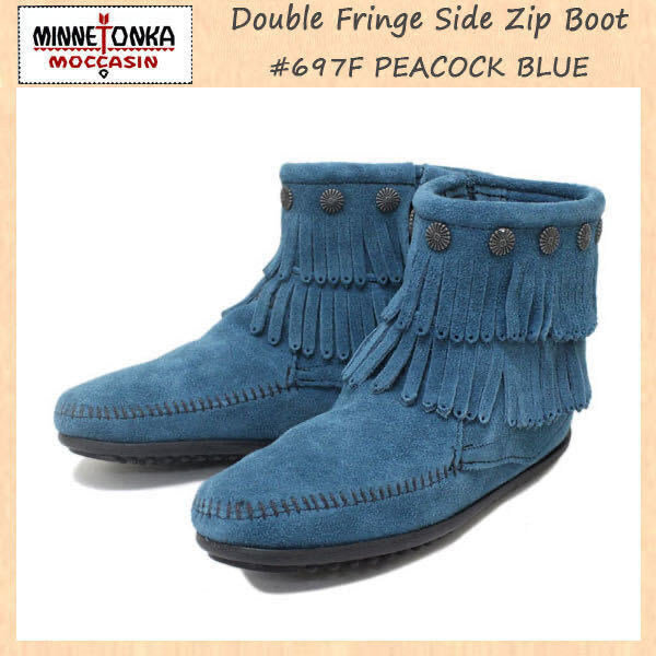 送料無料!MINNETONKA ミネトンカ 697F Pブルー US5 3000円(税込)Double Fringe Side Zip Boot ダブルフリンジ サイドジップブーツ