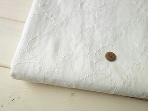 ★売尽し原反特価★約10ｍ×145cm巾★広幅Ｗガーゼ格子 刺繍 Leaf オフ白★