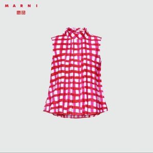 ユニクロ×マルニ コラボ タックブラウス ノースリーブ レッド サイズL チェック柄 プリント ブラウス MARNIトップス