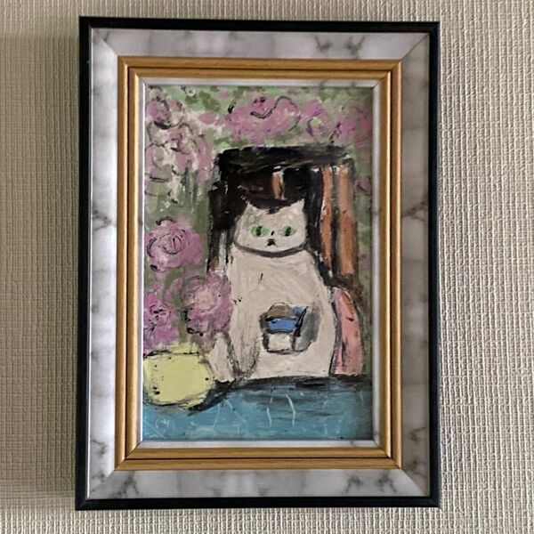 絵画。原画【ピンクのバラが咲いている時、猫ちゃんは椅子でコーヒーを飲みます】