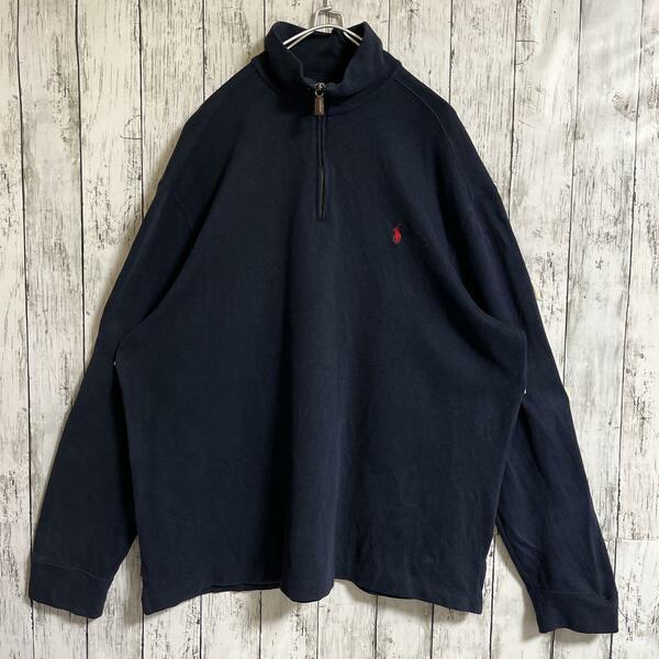 90's Ralph Lauren ラルフローレン USA製 ハーフジップ スウェット 2XL 紺 ネイビー ワンポイント 刺ポニー 90年代ヴィンテージ HTK3642