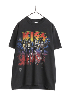 90s USA製 ★ キッス イラスト プリント Tシャツ メンズ L 90年代 オールド KISS 当時物 オフィシャル バンド ロック シングルステッチ 黒