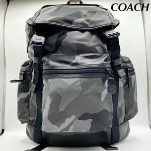 ●極美品/A4収納可/大容量 ●COACH コーチ ●リュックサック バッグパック カモフラ柄 総柄 肩掛け ●レザー ナイロン ●メンズ 黒 グレー