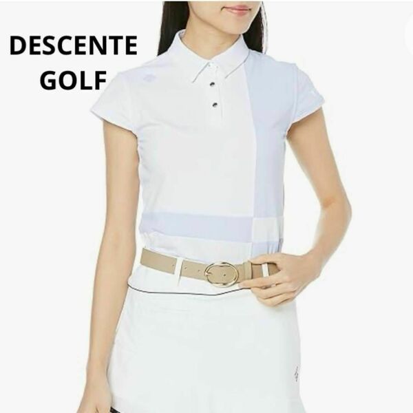 デサントゴルフ　S 半袖カットソーシャツ　ドッキング　ホワイト　ブルー　DESCENTE　切り替え