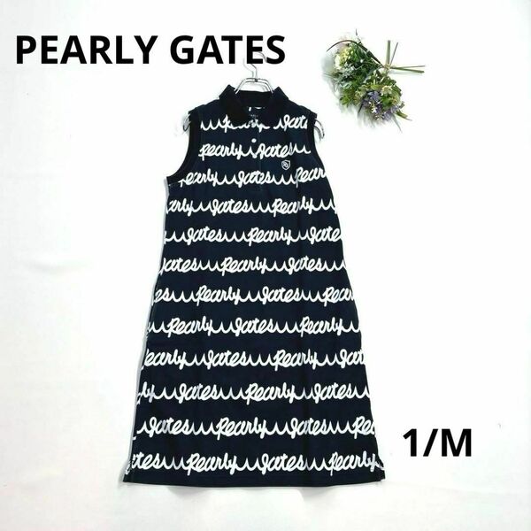 パーリーゲイツ　1/M ノースリーブワンピース　ロゴ　総柄　ネイビー　PEARLY GATES　ノーズリーブボロシャツワンピース