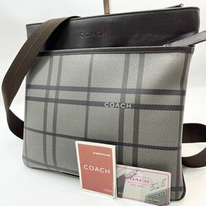 1円《 希少品・極美品 》COACH コーチ ショルダーバッグ ポシェット メンズ ビジネス チェック レザー PVC オールド 斜め掛け ブラウン 灰