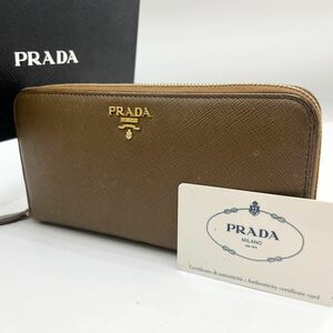 1円 【美品】 PRADA プラダ サフィアーノ ブラウン 茶色 金 三角ロゴ ラウンドファスナー 財布 長財布 メンズ レディース レザー小物