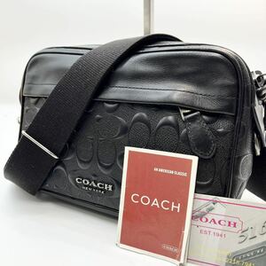 【美品】コーチ COACH ショルダーバッグ メッセンジャーバッグ メンズ 本革 レザー 斜め掛け ビジネス シグネチャー エンボス 型押し 黒色