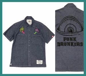 767*PUNK DRUNKERS punk gong n The Cars * one-eyed . embroidery big Logo Medama print cotton short sleeves shirt navy 