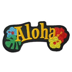 アイロンワッペン Aloha ハワイ Hawai デザイン ハイビスカス ロゴ ブラック 簡単貼り付け アップリケ 刺繍 裁縫