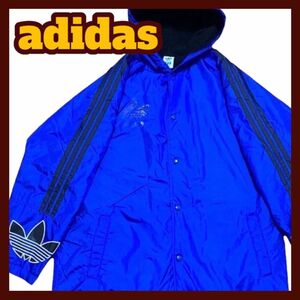 【90s】古着 adidas デサント ナイロンジャケット コート ビッグロゴ 裏ボア ブルー ジュニアフリーサイズ メンズS程度