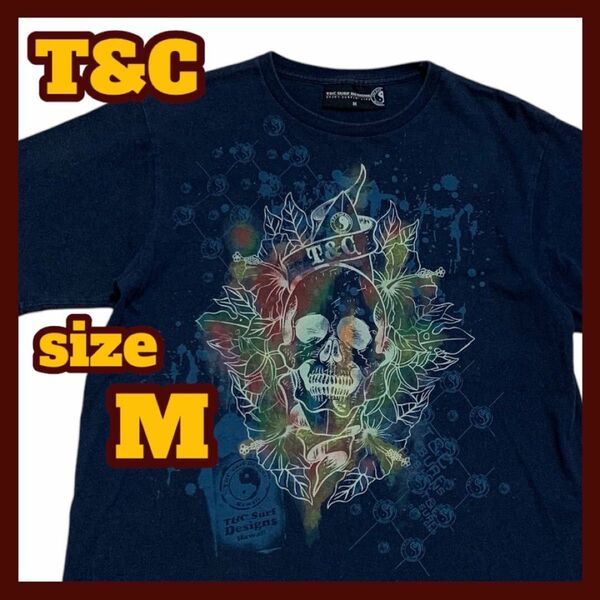  T&C 半袖 スカル ビッグプリント Tシャツ ネイビー Mサイズ