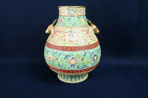 中国古美術 大清乾隆年制在銘 十錦手粉彩染付鹿頭大壺