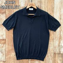 【新品同様】JOHN SMEDLEY ジョンスメドレー シーアイランドコットン 30G 半袖 ニット スキッパー ポロシャツ M ブラック BEAMSF取扱_画像1