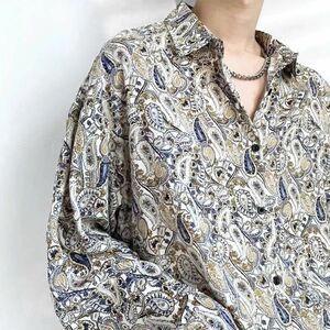 ★在庫限りボタニカル柄 シャツ 長袖 総柄 トップス メンズシャツ レトロ ヴィンテージ風 個性的 ホワイト 白 アート きれいめ