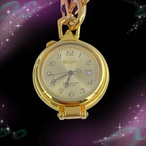 《超美品 稼働品》 エルジン ELGIN 懐中時計 クオーツ ルーペ付き 純金メッキ FINE GOLD 24K PLATING ケース付き FK-1114-Eの画像1