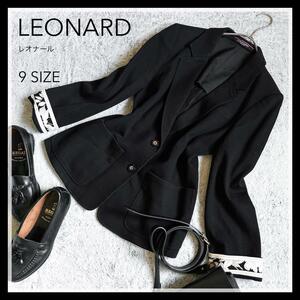 【LEONARD】レオナール テーラードジャケット 2B ロゴ刻印釦 コットン100% トリム 背抜き 9AR Mサイズ相当 黒