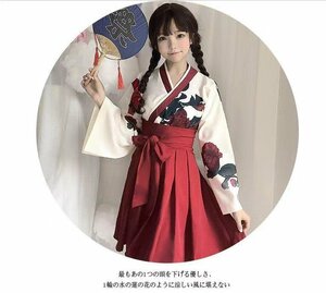 コスチューム 浴衣 花魁 和服 袴 萌え系 ハロウィン コスチューム 着物セット コスプレ 振袖 大人用 はかま 文化祭 レッドshort L