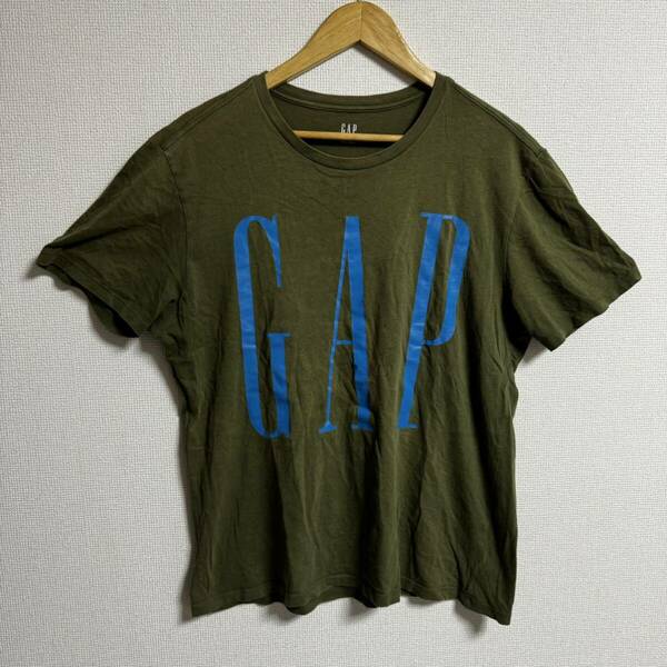 【人気】GAP デカロゴ　半袖Tシャツ カーキ　グリーン　mサイズ ゆったり 小穴あり　フェード