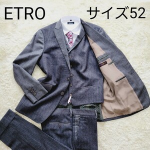 大人のお洒落【美品】エトロ 大きいサイズ52 ストライプ スリーピース セットアップ ETRO 千鳥格子 チェック　裏地ペイズリー 3ピース