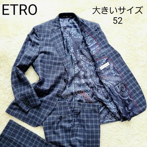  stylish. ultimate [ beautiful goods ]ETRO Etro large size 52 2XL blue check peiz Lee jacket suit setup business wedding two next .
