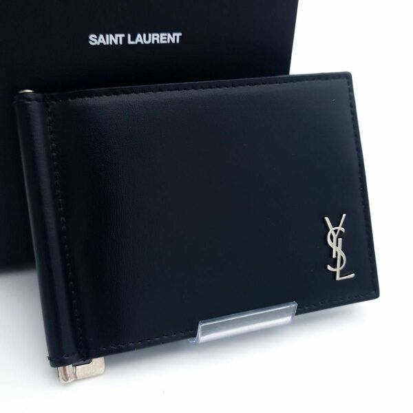 SAINT LAURENT 未使用に近いマネークリップ 二つ折り財布 ブラック レザー 財布