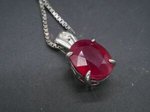 【66】3.5ct ルビー 0.025ct ダイヤモンド シルバー 925 ネックレス 長さ約40cm アジャスター約5cm silver TIA