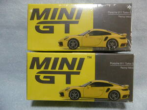 未開封新品 MINI GT 497 Porsche 911 Turbo S Racing Yellow 左右ハンドル 2台組