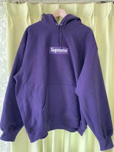 試着のみ XL Supreme Box Logo Hooded Sweatshirt Dark Purple 23 FW XLarge ボックス ロゴ パープル 紫 2023 パーカー ステッカー2枚