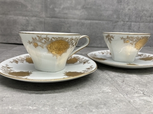 O2c Noritake オールドノリタケ 金盛風景紋 金彩 コーヒーカップ カップ＆ソーサー ホワイト ゴールド 2点まとめて