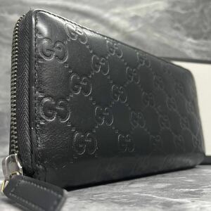 【極美品】 GUCCI グッチ メンズ ビジネス 長財布 ラウンドファスナー 型押し GG柄 シマ レザー 本革 ブラック 黒 レディース 小銭入れ