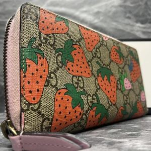 【限定品/美品】 GUCCI グッチ レディース ビジネス 長財布 ラウンドファスナー イチゴ ストロベリー GGスプリーム ピンク レザー PVC