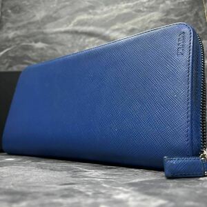 【極美品】 PRADA プラダ メンズ ビジネス 長財布 ラウンドファスナー オーガナイザー サフィアーノ 本革 レザー ブルー 大容量 レディース