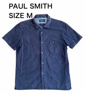 【送料無料】中古 PAUL SMITH ポール スミス 半袖シャツ ボタンダウン ヤシ木 刺繍 ネイビー サイズM