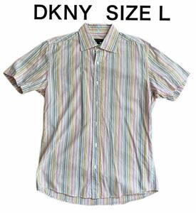 [ free shipping ] used DKNY Donna Karan New York short sleeves shirt button down stripe size L