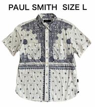 【送料無料】中古 PAUL SMITH ポール スミス 半袖シャツ ボタンダウン 幾何学 立体 総柄 サイズL_画像1