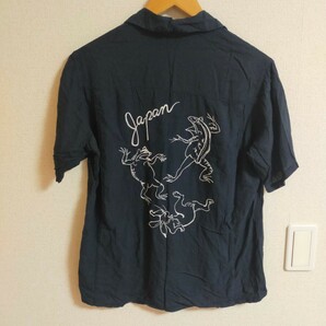 JOHNBULL ジョンブル スーベニアシャツ スカシャツ 刺繍 半袖 オープンカラー 開襟 和柄 蛙 兎 M ブラック(黒）