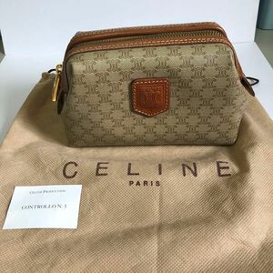 CELINE ポーチ 化粧ポーチ コスメポーチ ミニ マカダム柄 レザー 茶 ベージュ ブラウン セリーヌ【美品】