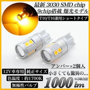 【送料無料】爆光 最新 モデル ショートタイプ 12V アンバー T10 T16 兼用 無極性 LED バルブ ウェッジ球 2個set ポジション 翌日発送