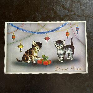 Bonne Annee ★ フランス ヴィンテージ ミニカード セット 1961年他 クリスマス 新年 猫 ネコ 子猫 エフェメラ 金彩の画像5