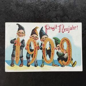新年 ★ ドイツ アンティーク ポストカード 1908年消印 1909年 小人 ドワーフ お祝い 絵葉書