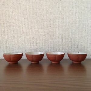 収蔵家放出の珍品　朱泥　雷紋　茶杯　4客　唐物　宜興　煎茶碗 酒器 茶器　中国美術　煎茶道具　中国古玩