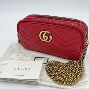 未使用品 GUCCI グッチ GGマーモント キルティング チェーンショルダーバッグ レザー 赤 レッド ミニ ハート 本革